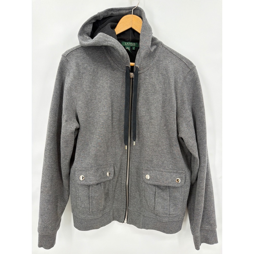 Vtg Lauren Ralph‎ Lauren Womens XL Gray Full Zip Cargo Pocket Hoodie Sweatshirt